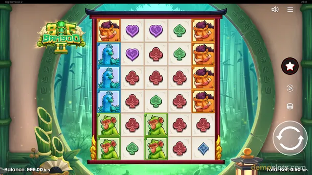A screenshot of the Big Bamboo 2 slot game showing a 5x6 grid of symbols set against a bamboo forest background.
