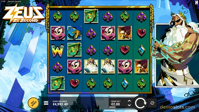 A fully rendered slot game grid with Zeus-themed symbols on a teal background, with a large Zeus character illustration on the right and game controls at the bottom.