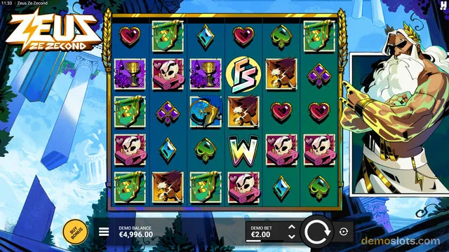 A 6-reel, 5-row slot game titled Zeus Ze Second shows a fully rendered grid with symbols including a heart, a diamond, a green scroll, a purple gem, a golden cup, a skull, a lightning bolt, and a golden bow, with a large Zeus character on the right side.