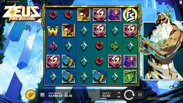 A 5x5 grid slot game titled Zeus Ze Second shows a fully rendered base game with various symbols on a teal grid, a large Zeus character on the right, and a bottom control bar.