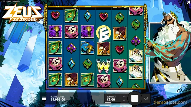 A 6-reel slot game titled Zeus Ze Second shows a fully rendered grid of symbols with a large Zeus character on the right side.