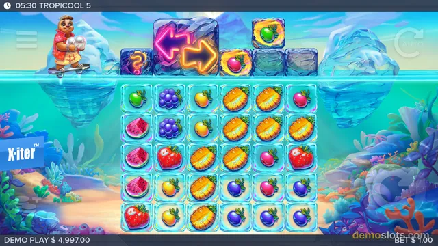 A 5x6 grid of fruit symbols on a blue underwater background with a polar bear character on the left and ice blocks above the grid.