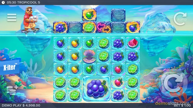A slot game grid with fruit symbols on an underwater background, with a character on a hoverboard above the reels.