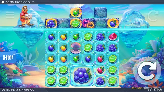 A slot game titled TROPICOOL 5 shows an underwater scene with a grid of fruit symbols and a character on a surfboard above the reels.