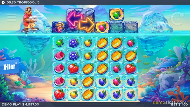 A slot game titled TROPICOOL 5 shows a 5x6 grid of fruit symbols set in an underwater scene with ice blocks above the water line.