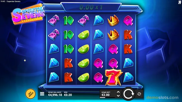 A slot game grid with 5 reels and 4 rows showing various symbols including dice, the number 10, diamonds, a crown, a Q, a K, a green gem, and a red 7, with a win of 0.20 displayed at the bottom.