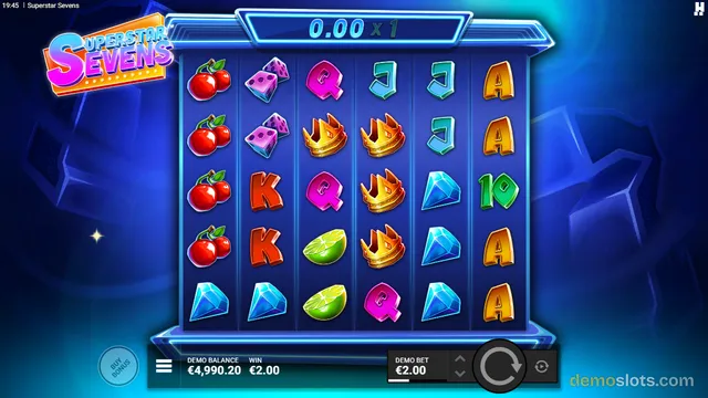 A slot game grid titled Superstar Sevens shows five columns of symbols including cherries, dice, crowns, and letters, with a win value of 0.00 displayed at the top.