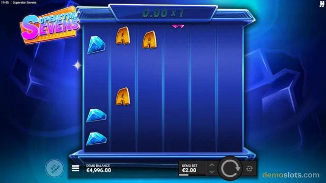 A slot game titled Superstar Sevens shows a blue reel grid with a few symbols including a blue gem and gold letter A, with a win multiplier of 0.00 x1 at the top.