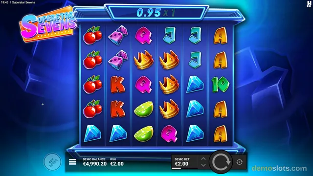 A 5-reel slot game grid shows a win of 0.95x with symbols including cherries, dice, crowns, and gemstones.