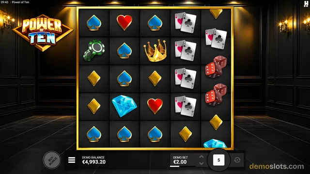A screenshot of the 'Power of Ten' slot game showing a 5x5 grid of symbols on a dark background.