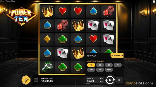 A 5x5 slot game grid displaying a mix of card suits, crowns, and dice against a dark, gold-trimmed background.