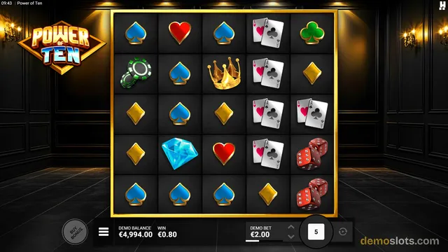 A 5x5 slot grid in a dark room setting displays playing card suits, a crown, dice, and a diamond in a settled state.