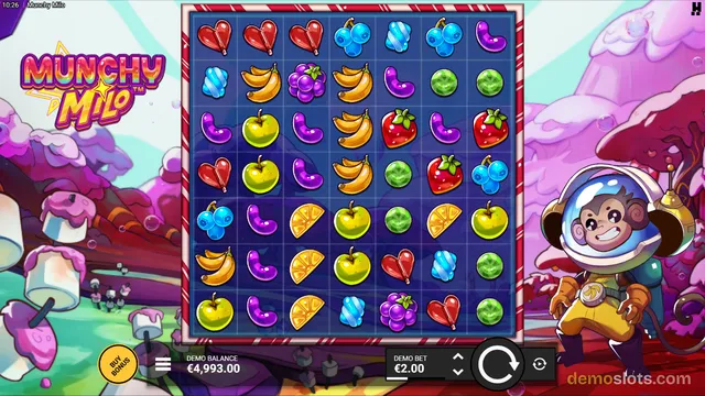 A 7x7 grid of fruit symbols fills the center of the screen, flanked by a cartoon monkey in a space helmet on the right and the game logo Munchy Milo on the top left, with a demo balance of 4,993.00 and a bet of 2.00 shown below.