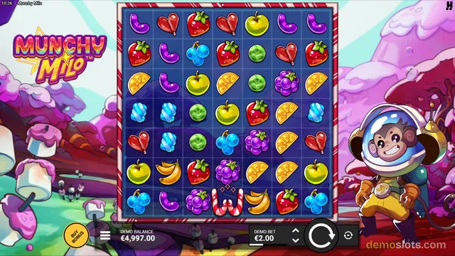A colorful slot game grid with fruit symbols, a cartoon monkey in a space helmet, and a candy-themed background.