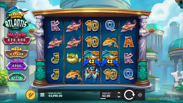 A 5x4 slot game grid with a blue background showing fish and letter symbols, surrounded by marble columns and statues.