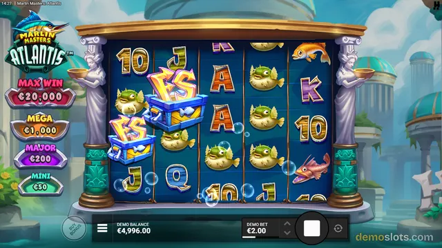 A 5-reel slot game titled Marlin Masters Atlantis shows a settled base game grid with pufferfish, treasure chests, and card symbols, plus jackpot labels on the left and a demo balance of €4,996.00 at the bottom.