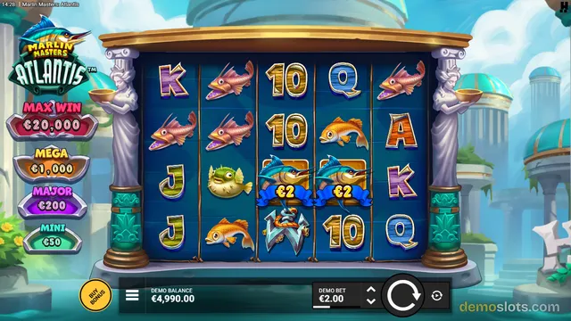 A 5x4 slot game grid showing fish and card symbols with a max win jackpot display on the left, set against an Atlantis-themed background.