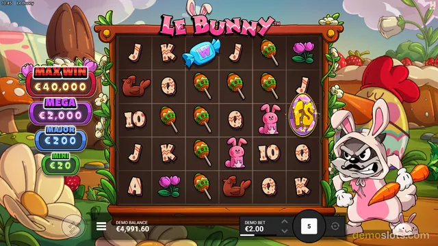 A screenshot of the Le Bunny slot game showing a settled 5x4 grid of Easter-themed symbols, with a 'MAX WIN' panel on the left and a cartoon bunny mascot on the right.