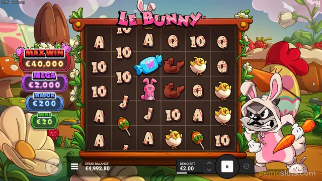 A screenshot of the 'Le Bunny' slot game showing a 5x5 grid of symbols including Easter-themed characters and candy, with a 'MAX WIN' information panel on the left and a wolf dressed as a bunny on the right.