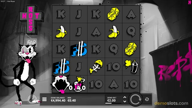 A 5x5 grid of slot symbols including cartoon cats, dice, and letter tiles displayed in a gritty, graffiti-covered alleyway background.
