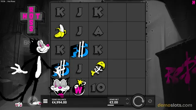 A dark-themed video slot game grid is displayed with cartoon characters and playing card symbols, set against a gritty urban background.