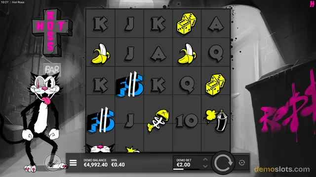 A 5x5 grid slot game featuring a cartoon cat, dice, bananas, and a neon cross sign in a gritty urban alley setting.
