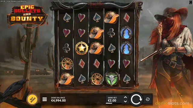A 5x5 slot game grid filled with Western-themed symbols, including playing cards and a sheriff badge, set against a desert background with a masked female character on the right.