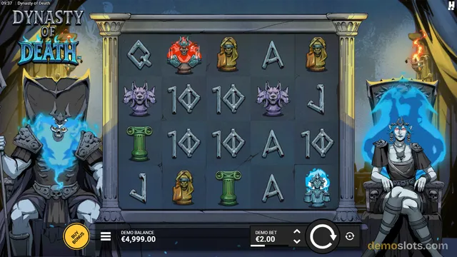 A slot game interface for 'Dynasty of Death' displays a 5x4 grid of symbols framed by golden pillars, with a skull figure on the left and a queen on the right.