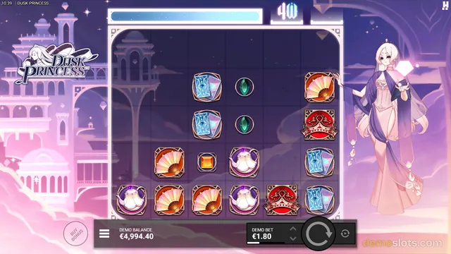 A slot game grid displaying a 5x4 layout with symbols including fans, teapots, and gemstones against a purple palace background.