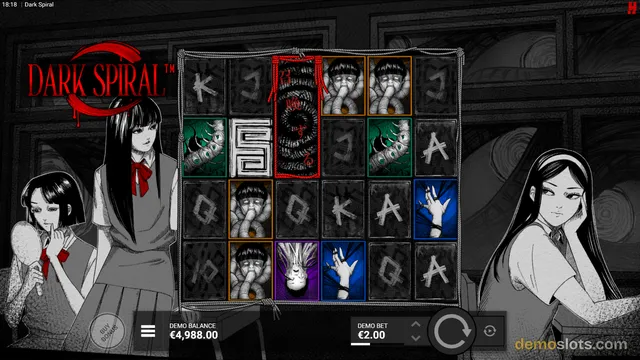 A slot game screen displaying a 5x4 grid of symbols with a dark, gothic art style featuring anime-style characters and a red spiral logo.