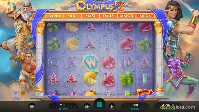 A fully rendered slot game titled Olympus 7 shows a 6-reel grid with Greek god characters on the sides and a control bar at the bottom.