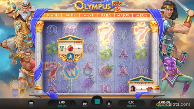 Olympus 7 slot game showing a 5x3 grid with Greek mythology characters around the reels and a jackpot ladder at the top.