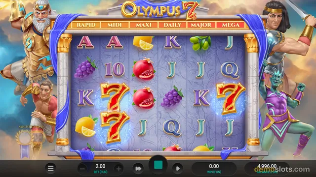 Olympus 7 slot game shows a 5x3 grid of symbols including red sevens, grapes, pomegranates, lemons, and card letters, with a blue banner and gold frame around the reels and a bottom control bar showing bet, win, and balance values.