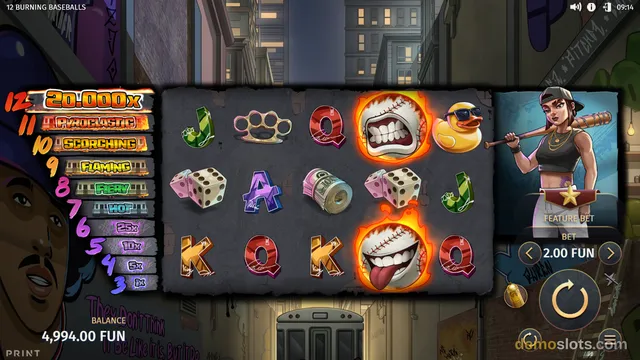 A slot game screen titled 'Burning Baseballs' displays a 5x3 grid of symbols including flaming baseballs and dice against a dark, graffiti-covered city street background.