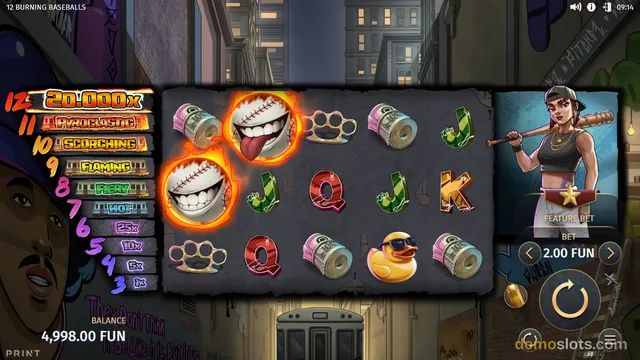 A dark-themed slot game screen titled '12 BURNING BASEBALLS' displays a 5x3 grid of symbols including flaming baseballs, cash rolls, brass knuckles, and letter tiles set against an urban street background.