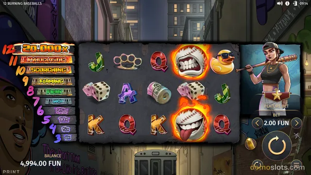 A slot game screen displaying a 5x3 grid of baseball-themed symbols, including flaming baseballs, dice, and knuckleballs, set against a dark urban street background.