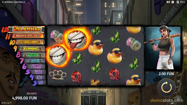 A street-themed slot machine screen showing a 6x4 grid with flaming baseballs, rubber ducks, and green J symbols, flanked by a multiplier ladder on the left and a female character portrait on the right.