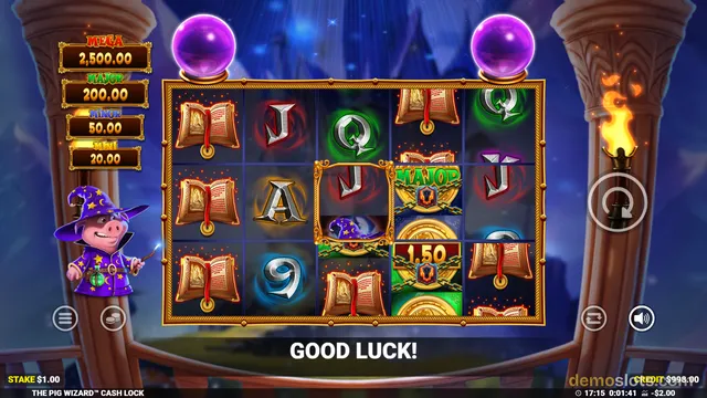 A 5x3 video slot game grid displays various symbols including books, letter icons, and coins, with a pig wizard character on the left and a 'GOOD LUCK!' message at the bottom.