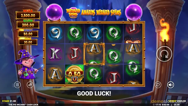 A screenshot of a fantasy-themed slot machine game showing a 5x3 grid of cards and a wizard pig character with a 'GOOD LUCK!' message.