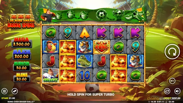 A 4x6 slot game grid displaying various symbols including playing cards, animals, and a 'KONG' badge on a jungle-themed background.