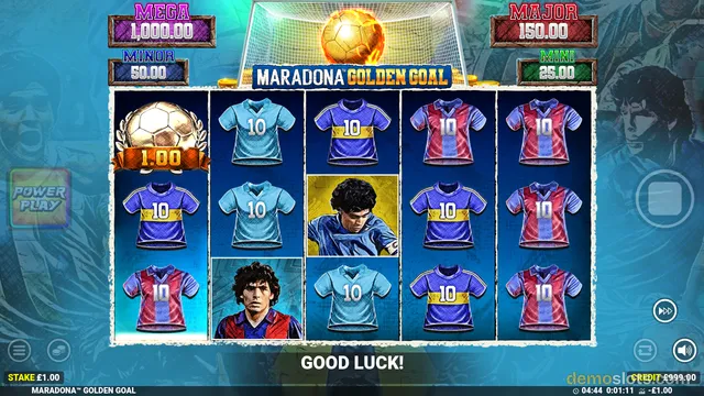 A settled 5x3 reel grid for the slot game Maradona Golden Goal, showing various soccer jerseys, a trophy, and two Diego Maradona character symbols.
