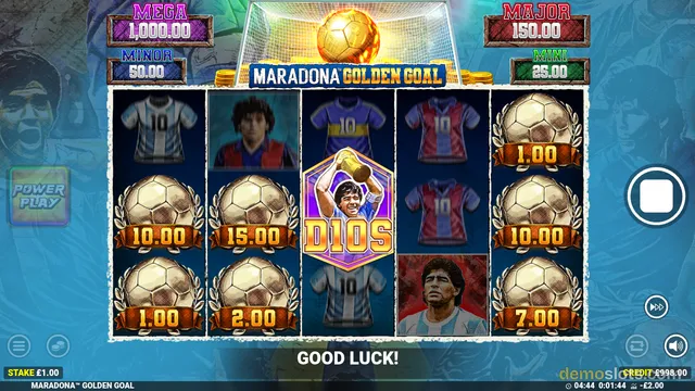 Screenshot of a Maradona Golden Goal slot game showing a 5x3 reel grid with football-themed symbols, jackpot displays above, and a 'GOOD LUCK!' banner at the bottom.