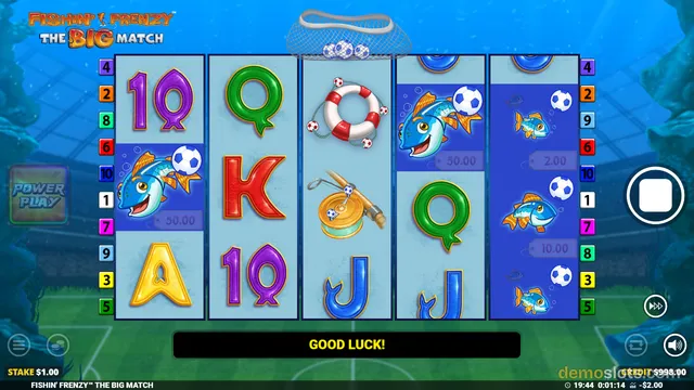 Fishing-themed slot game in progress showing mid-spin state with bright reels and 'GOOD LUCK' message.