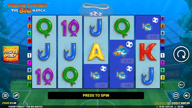 Slot reels showing fishing theme symbols arranged on bright underwater setting ready for next spin.