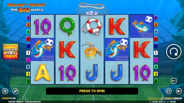 Five-reel slot game showing football and fishing themed symbols on a bright underwater background.