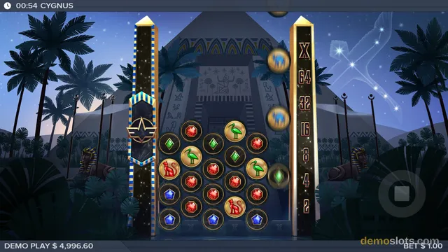 A slot game featuring a circular grid of symbols set against an Egyptian night scene with pyramids and a starry sky.