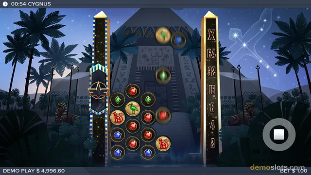 A dark, Egyptian-themed slot game interface showing a circular cluster of symbols on a grid with palm trees and a pyramid in the background.