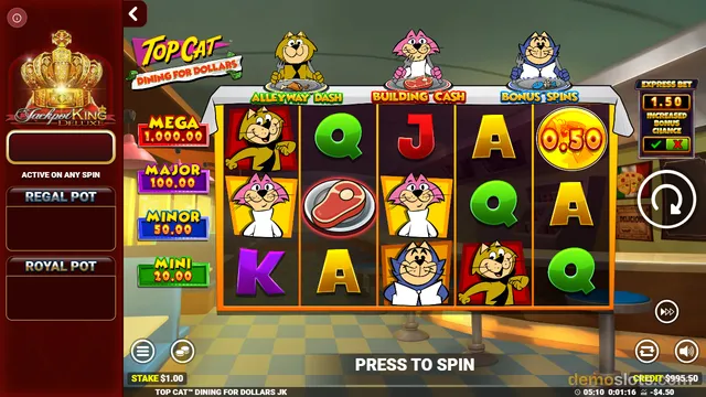 A fully rendered 5x3 grid of a cartoon-style slot game featuring Top Cat characters, food icons, and letter symbols on the reels.
