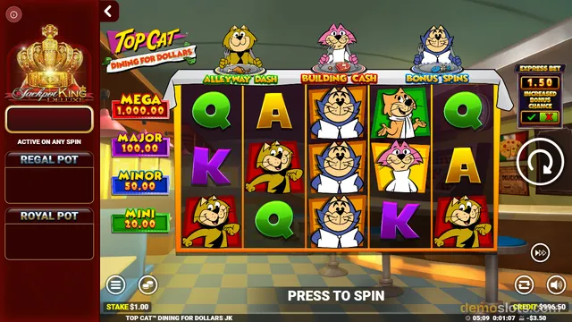 A 5x3 slot machine grid displays cartoon cats and playing card symbols in a restaurant-themed setting.