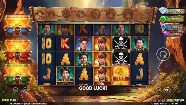 A screenshot of a video slot game featuring a 6x4 grid of symbols including playing card letters and cartoon character portraits, set against a jungle background with treasure chests on the left.
